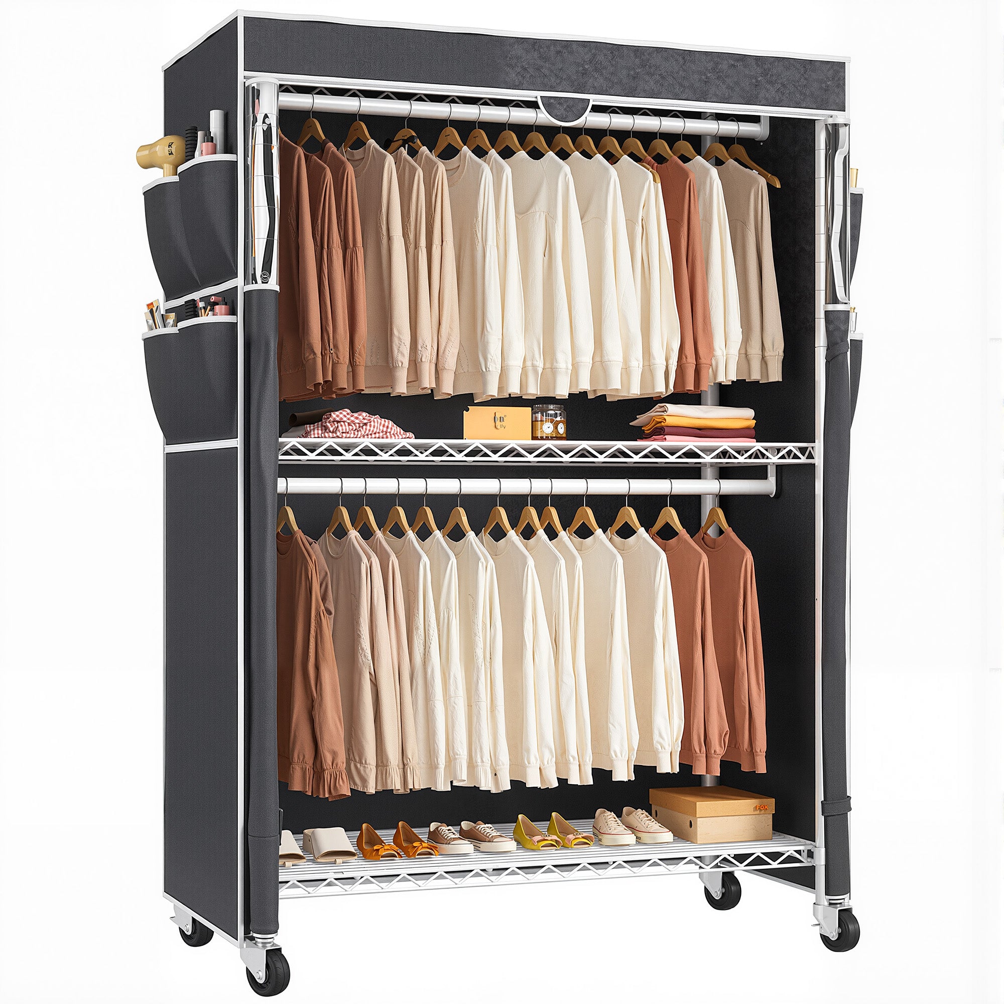 Snhomee 445LBS Heavy Duty Clothing Rack with Wheels Cloth Rack with Cover