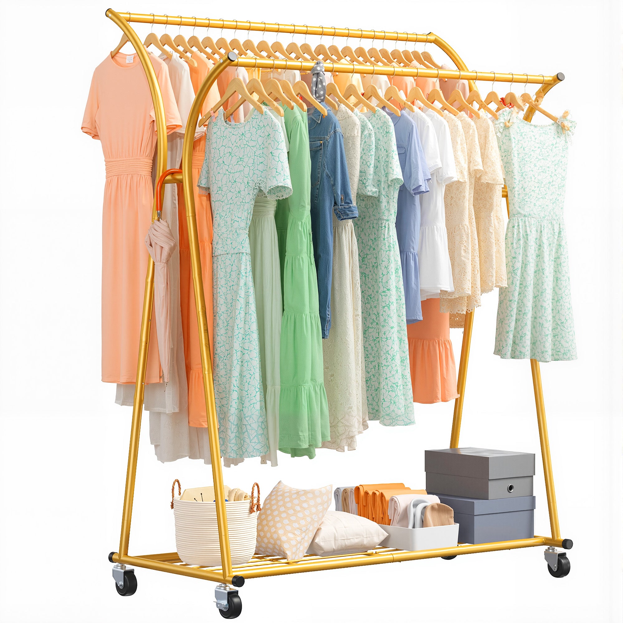 Double Rod Clothes Hanger Rack, Metal Rolling Clothing Rack With Wheels, 52"W x 20"D x (63"-69")H, Gold/Black-Gold-snhomee