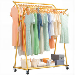 Double Rod Clothes Hanger Rack, Metal Rolling Clothing Rack With Wheels, 52"W x 20"D x (63"-69")H, Gold/Black-Gold-snhomee