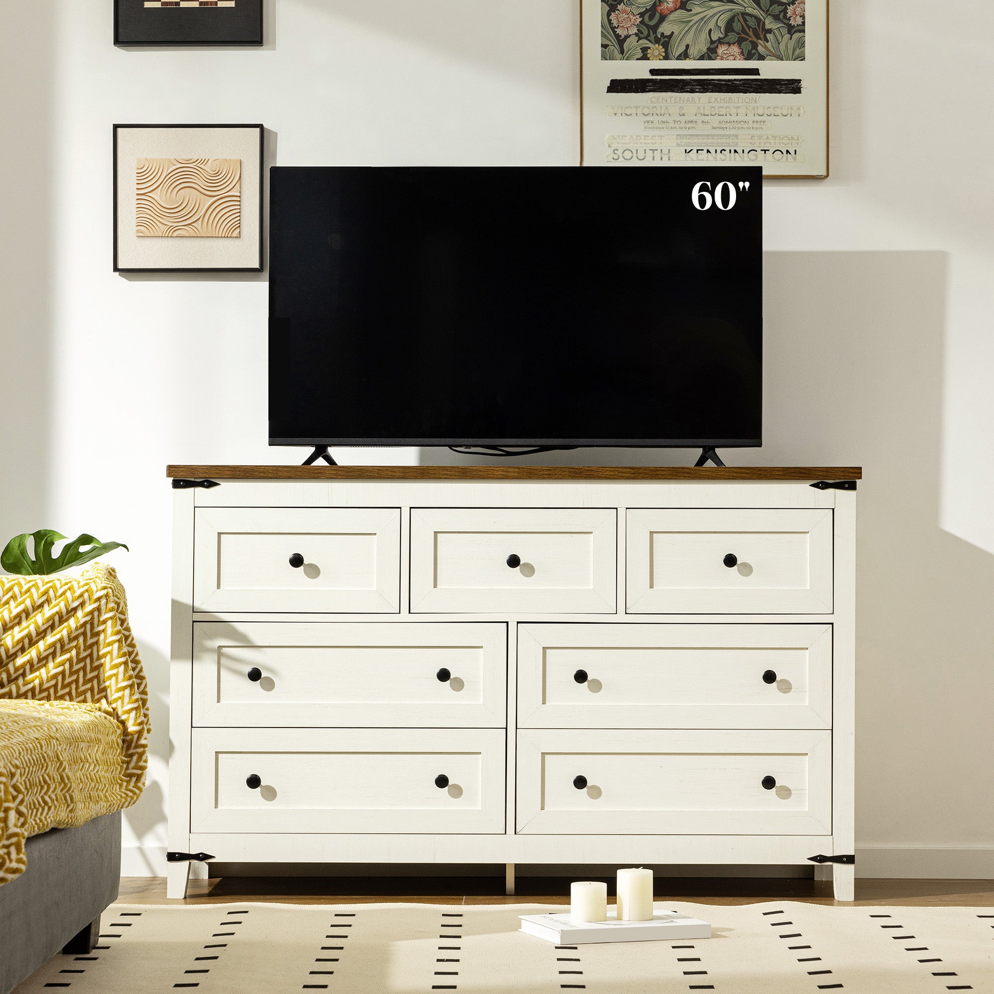 Antique White 7-Drawer Dresser & TV Stand with Metal Glide - 51" Wide Multi-Room Storage-Antique White-snhomee