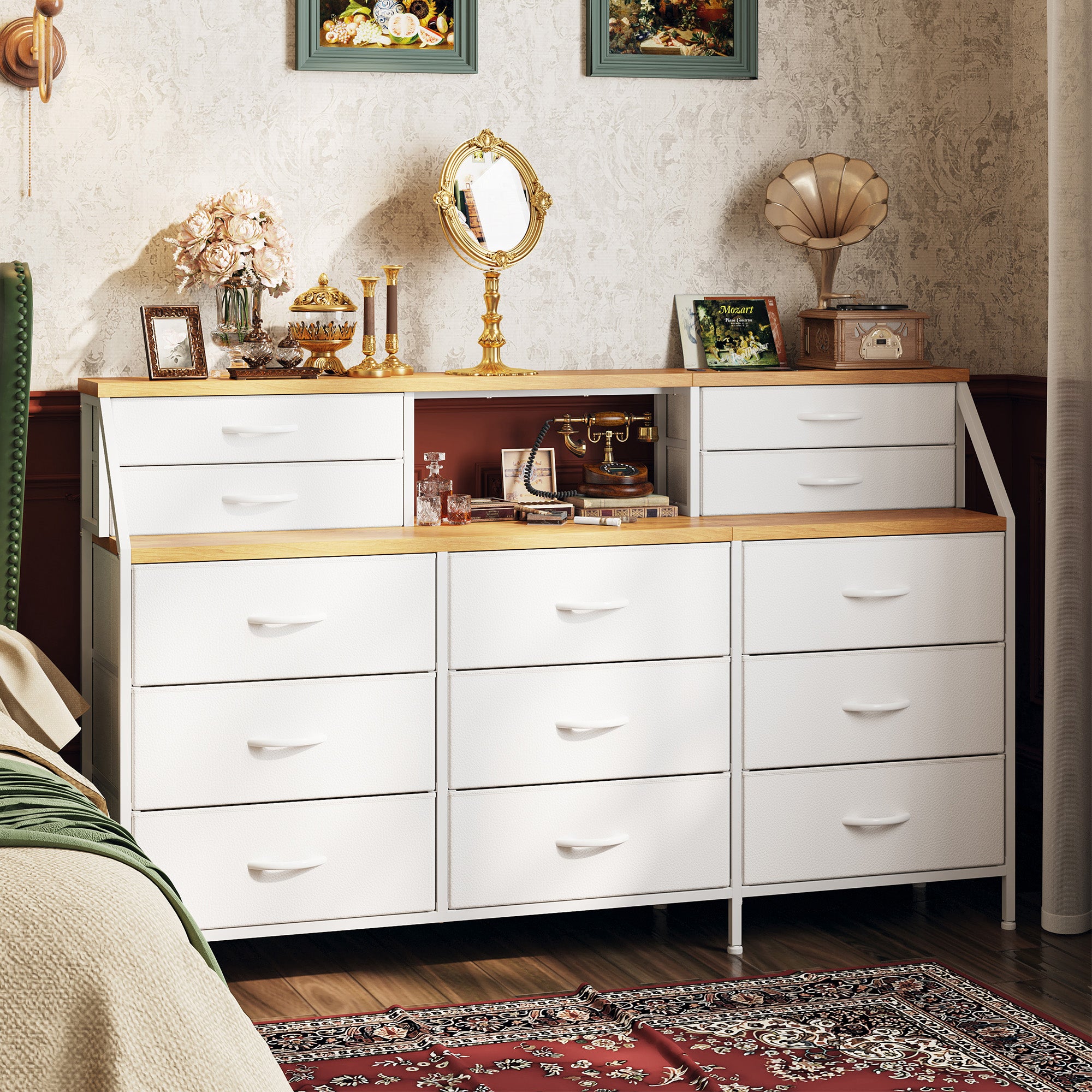 Girls Dresser Organizer: 55"W Dresser with 13 Fabric Drawers and 2 Open Shelves, Metal Frame & Wooden Top for Bedroom/Closet