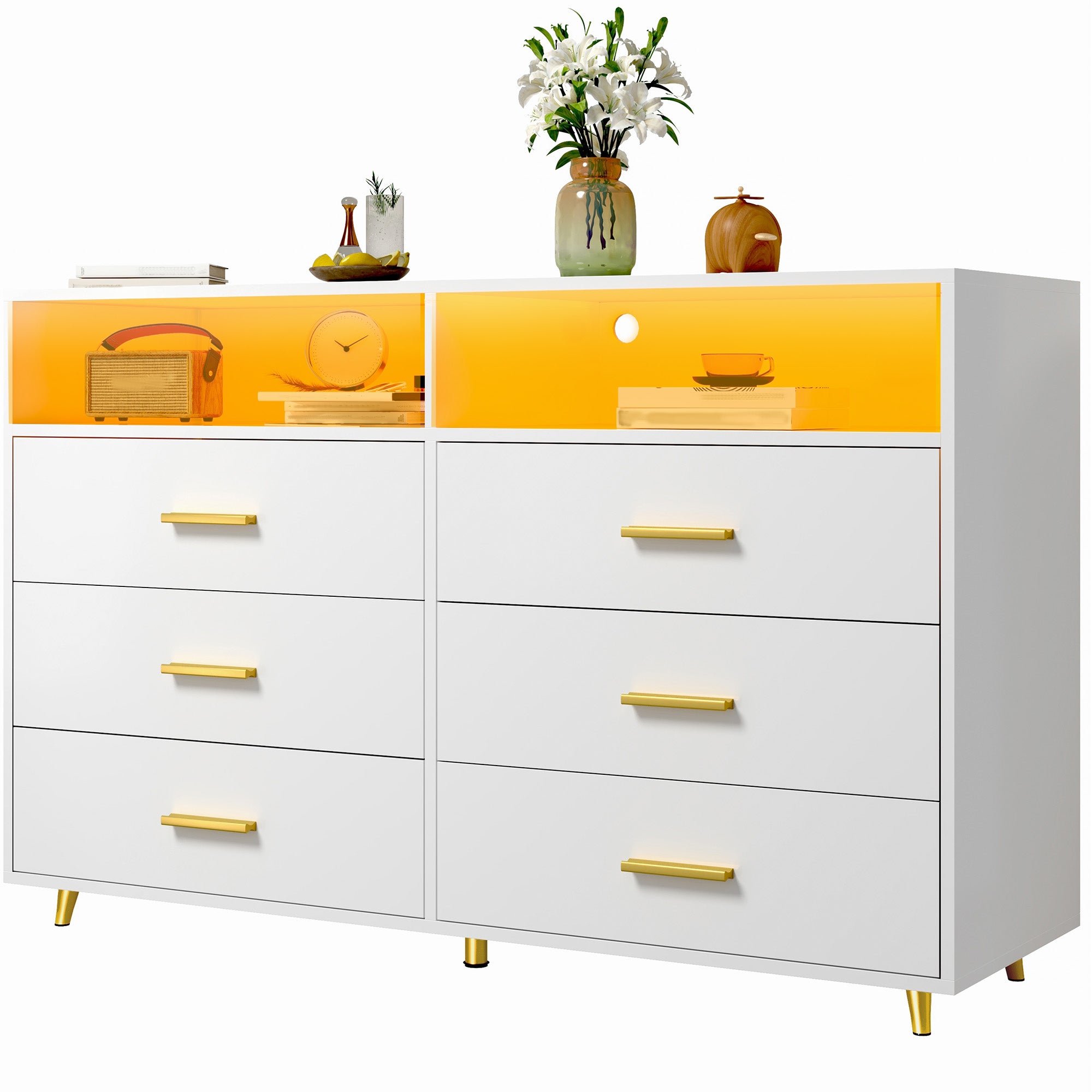6 Drawers Dresser with LED Lights, Large TV Stand, 2 Open Shelves Top, 47"W Modern Chest with Anti-Tip Safety for Bedroom, Living Room & Small Spaces