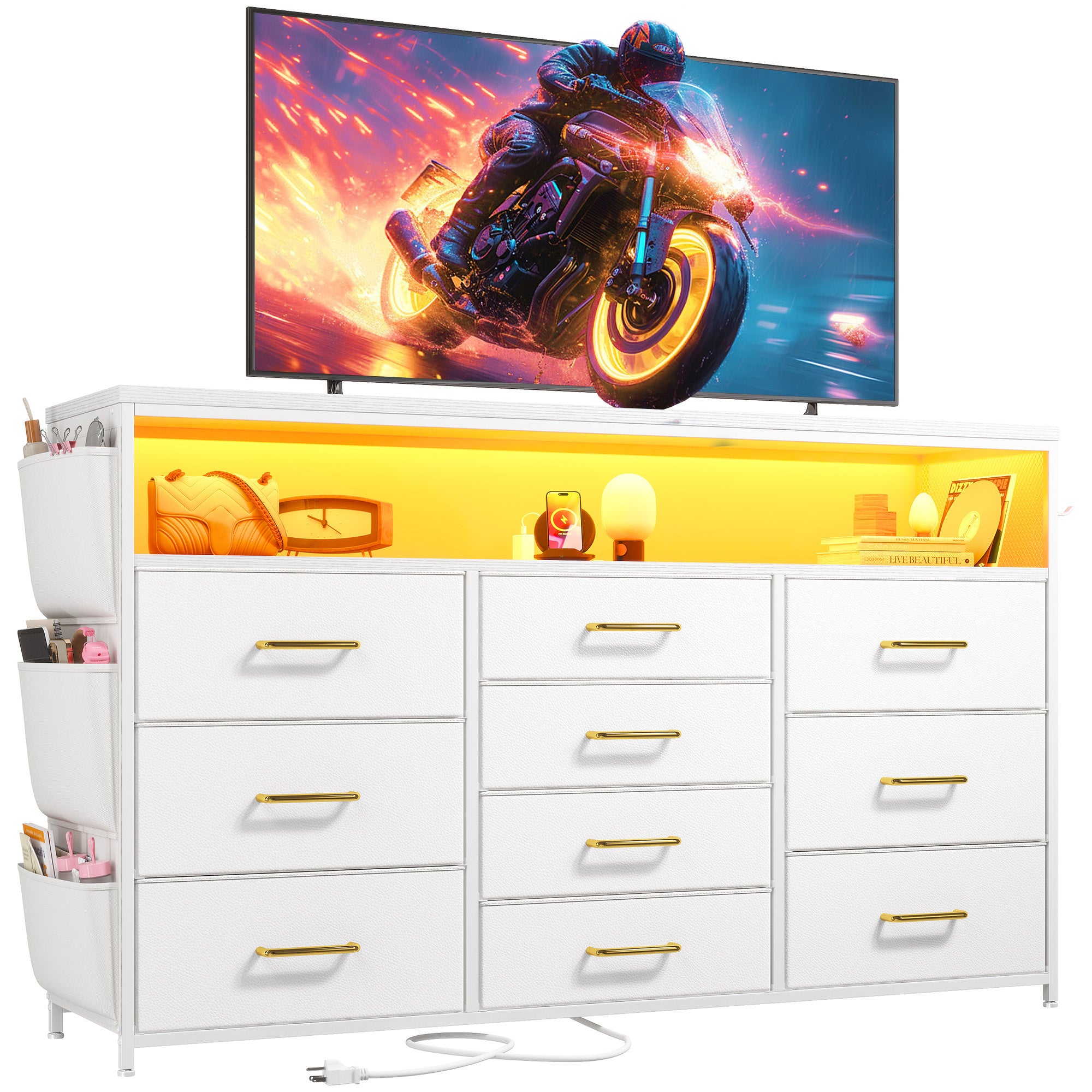 55" Smart TV Stand & Dresser | 10-Drawer Storage with LED Lights & Outlets | Metal/Wood Frame-White-snhomee