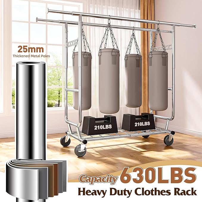 Snhomee Rolling Clothes Rack with Wheels,630LBS Heavy Duty Metal Adjustable Clothes Rack for Hanging,Garment Rack for Bedroom