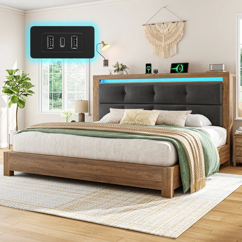 Snhomee LED Bed with Charging Station, Upholstered Storage Headboard and Solid Wooden Slats, Heavy Duty Platform Bed Frame, No Box Spring Required, Noise-Free & Easy Assembly