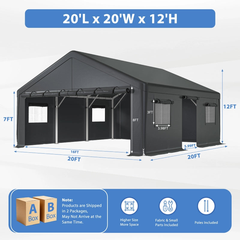 The 20'L × 20'W × 12'H carport offers a generous footprint with a 12-foot peak height for comfortable vehicle access and outdoor storage.