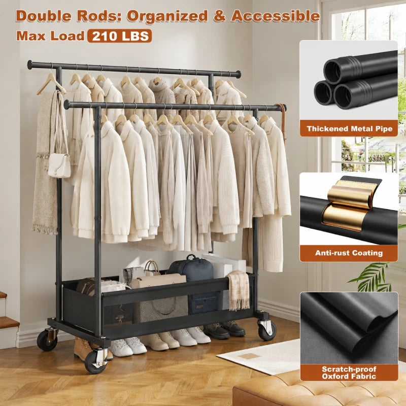 Built with 19mm solid steel, this 210 lbs heavy duty garment rack provides reliable support for coats, dresses, jackets, and everyday clothing.