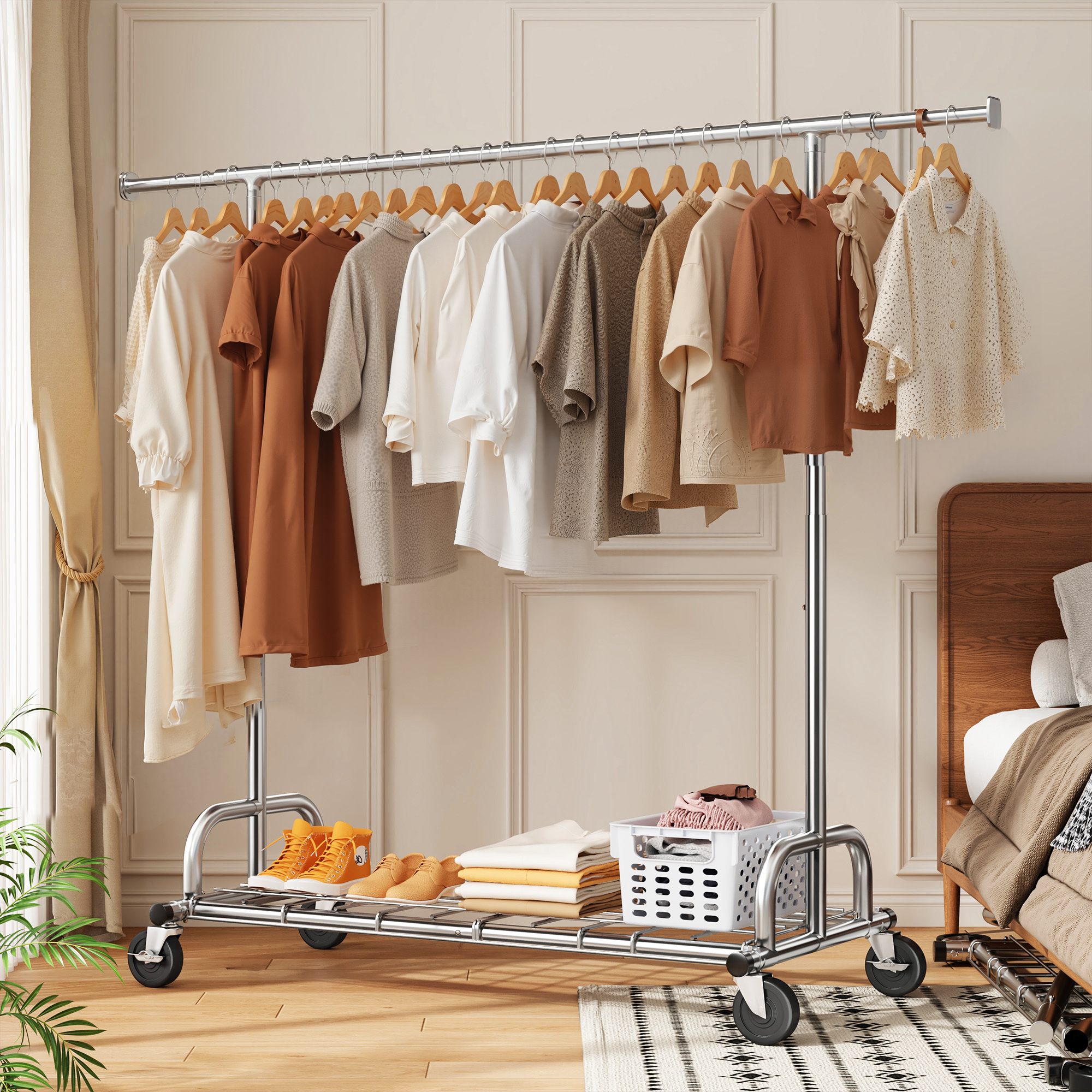Snhomee 75"W 485LBS Clothes Rack, Metal Garment Rack With Wheels, Adjustable  Rolling Clothing Rack,  Portable Clothes Rack For Dorm