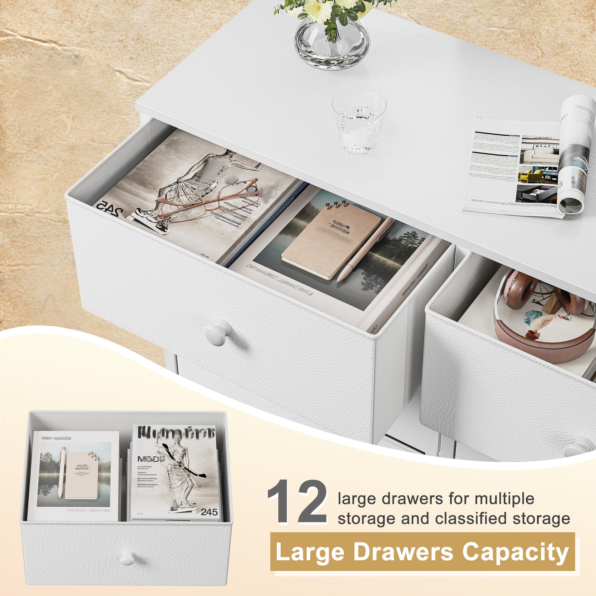 Snhomee Dresser for Bedroom with 12 Drawers, Large Storage Organizer Chest, Large Fabric Dressers & Chest of Drawers with Sturdy Metal Frame, Wood Top, Closet, Entryway, Hallway