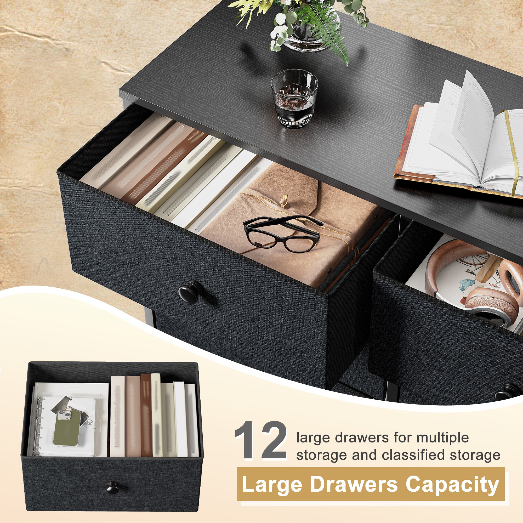 Snhomee Dresser for Bedroom with 12 Drawers, Large Storage Organizer Chest, Large Fabric Dressers & Chest of Drawers with Sturdy Metal Frame, Wood Top, Closet, Entryway, Hallway