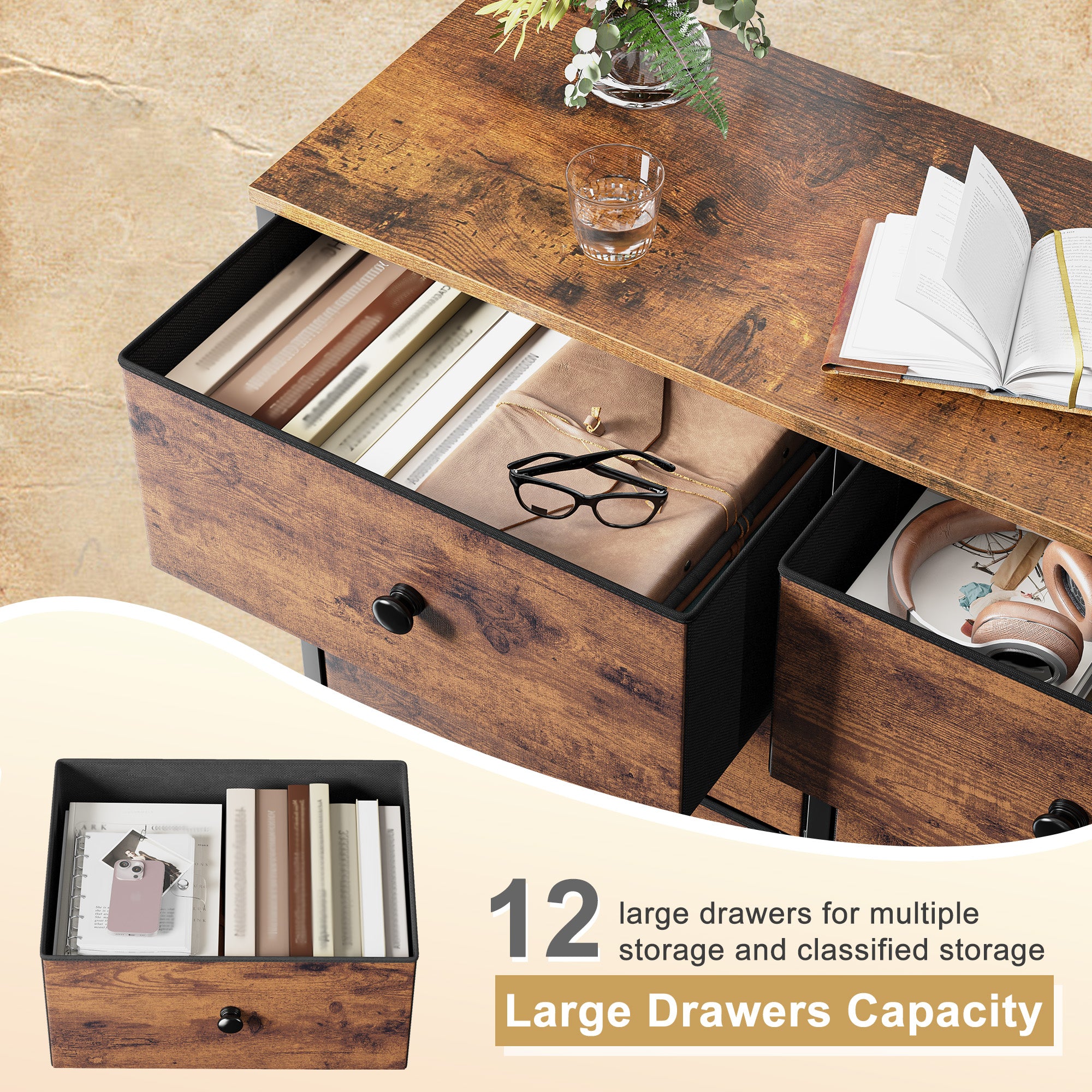 Snhomee Dresser for Bedroom with 12 Drawers, Large Storage Organizer Chest, Large Fabric Dressers & Chest of Drawers with Sturdy Metal Frame, Wood Top, Closet, Entryway, Hallway