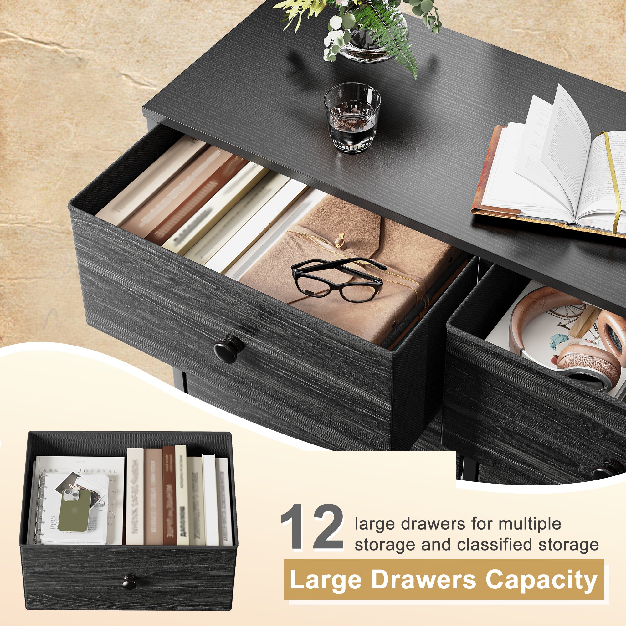 Snhomee Dresser for Bedroom with 12 Drawers, Large Storage Organizer Chest, Large Fabric Dressers & Chest of Drawers with Sturdy Metal Frame, Wood Top, Closet, Entryway, Hallway
