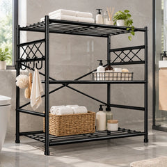 Snhomee 23.6" W Storage Shelving,Utility Shelves with 4 Hooks & Adjustable Leveling Feet for Home, Kitchen, Office, Bathroom