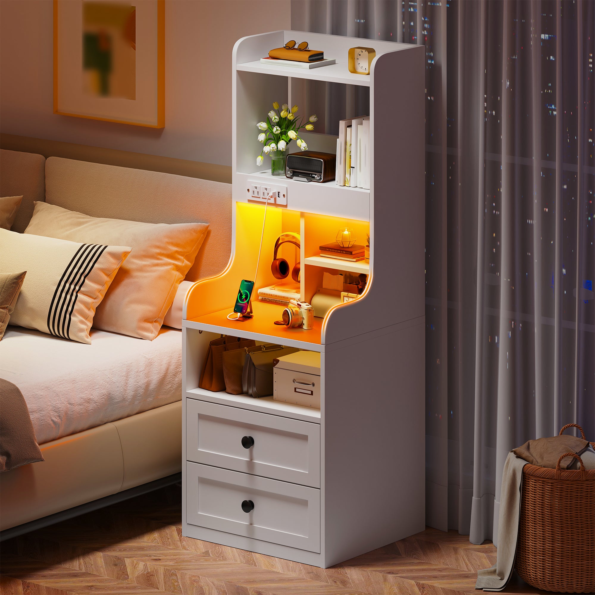 Tall White LED Nightstand with USB Charging Station & Outlets | 2 Drawers & Open Shelves Farmhouse Style Bedside Table | Wood & Metal Frame-White-snhomee