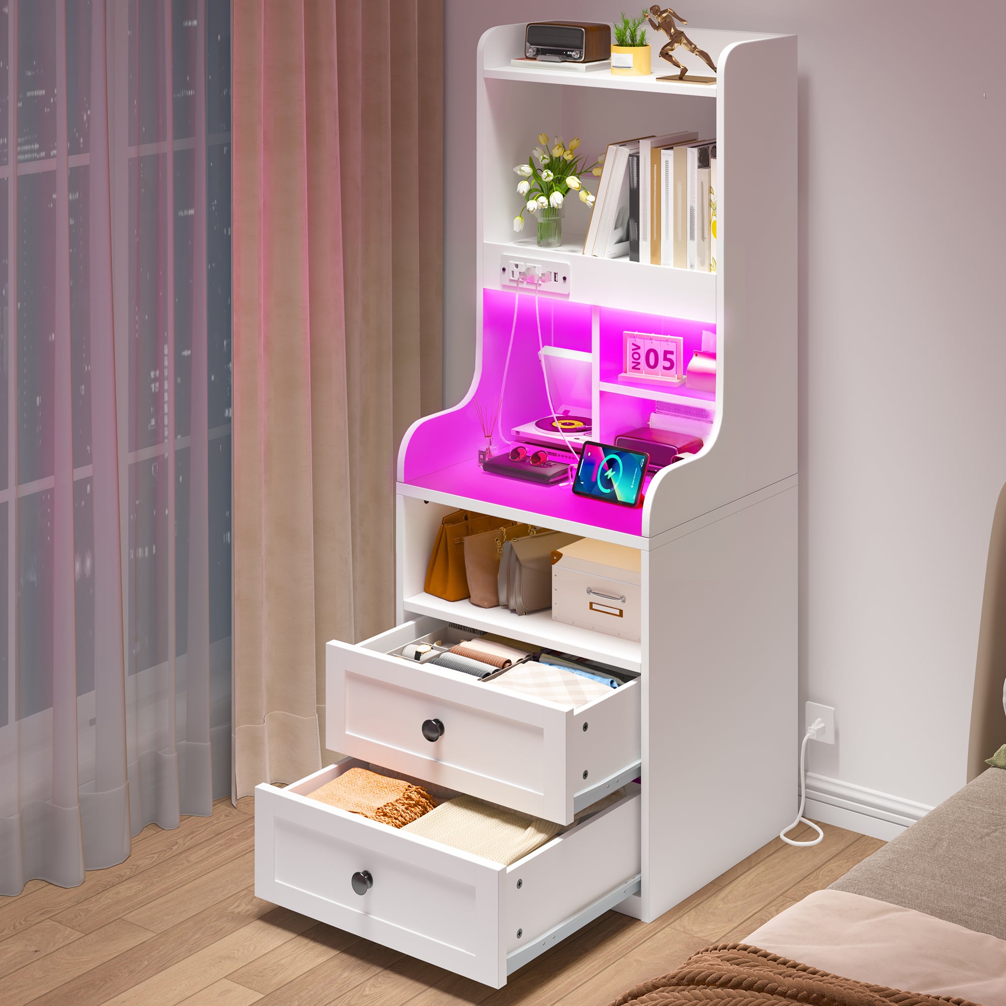 Tall White LED Nightstand with USB Charging Station & Outlets | 2 Drawers & Open Shelves Farmhouse Style Bedside Table | Wood & Metal Frame-White-snhomee