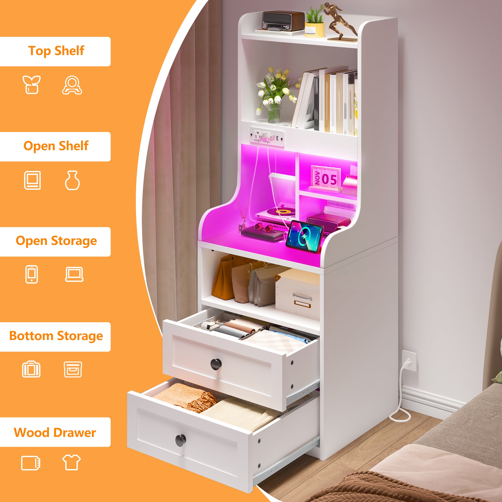Tall White LED Nightstand with USB Charging Station & Outlets | 2 Drawers & Open Shelves Farmhouse Style Bedside Table | Wood & Metal Frame-White-snhomee