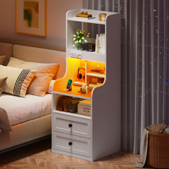 Tall White LED Nightstand with USB Charging Station & Outlets | 2 Drawers & Open Shelves Farmhouse Style Bedside Table | Wood & Metal Frame-White-snhomee