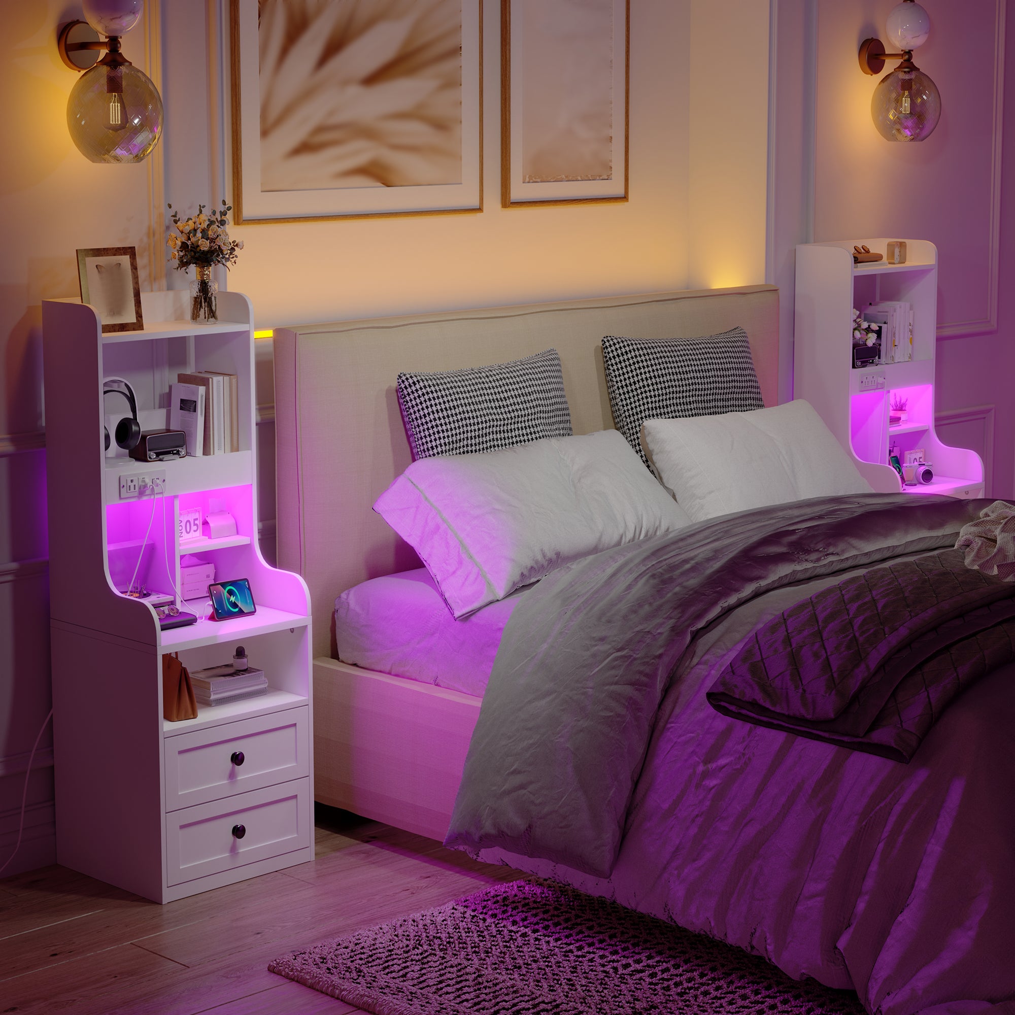 Tall White LED Nightstand with USB Charging Station & Outlets | 2 Drawers & Open Shelves Farmhouse Style Bedside Table | Wood & Metal Frame-White-snhomee