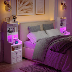 Tall White LED Nightstand with USB Charging Station & Outlets | 2 Drawers & Open Shelves Farmhouse Style Bedside Table | Wood & Metal Frame-White-snhomee