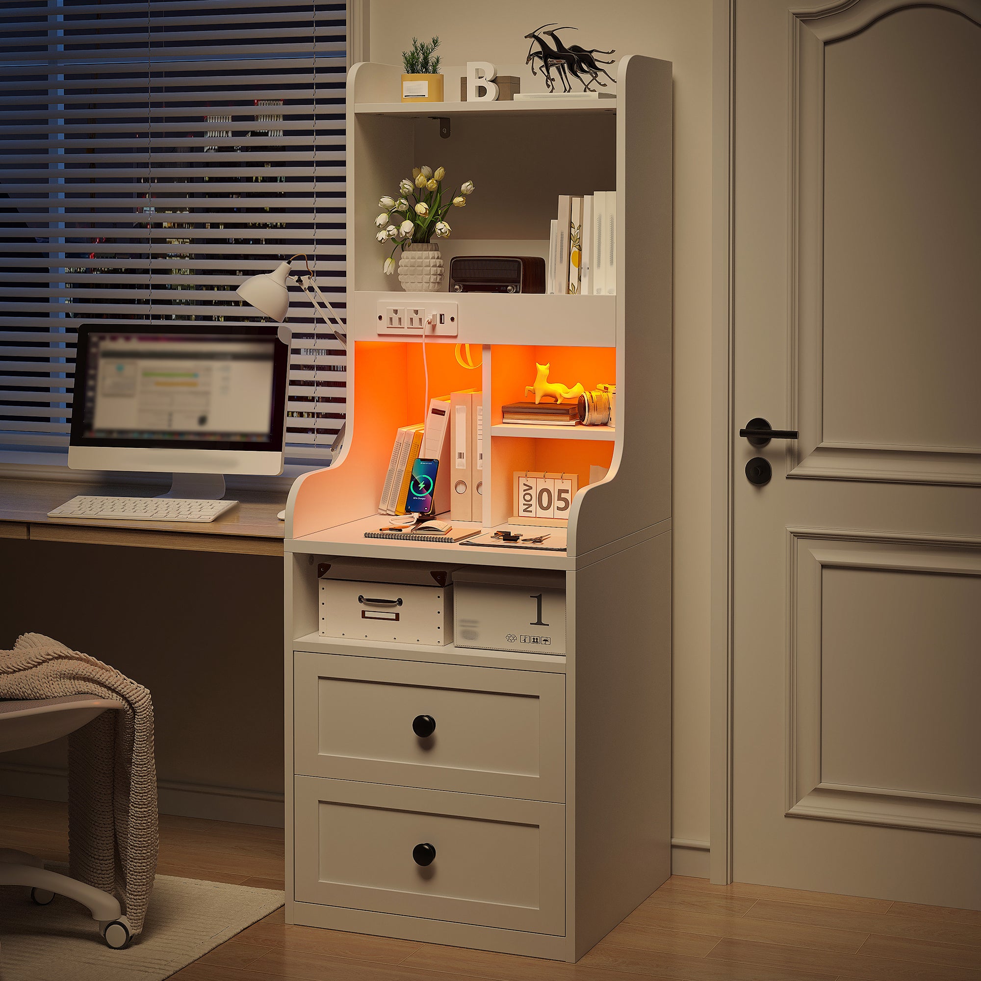 Tall White LED Nightstand with USB Charging Station & Outlets | 2 Drawers & Open Shelves Farmhouse Style Bedside Table | Wood & Metal Frame-White-snhomee
