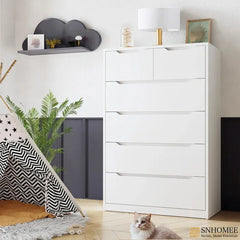 6-Drawer White Tall Wood Dresser 43.3"H Bedroom Wood Dresser for Closet-Furniture > Dresser-snhomee