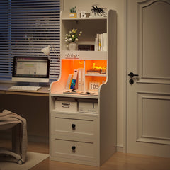 Tall White LED Nightstand with USB Charging Station & Outlets | 2 Drawers & Open Shelves Farmhouse Style Bedside Table | Wood & Metal Frame-White-snhomee
