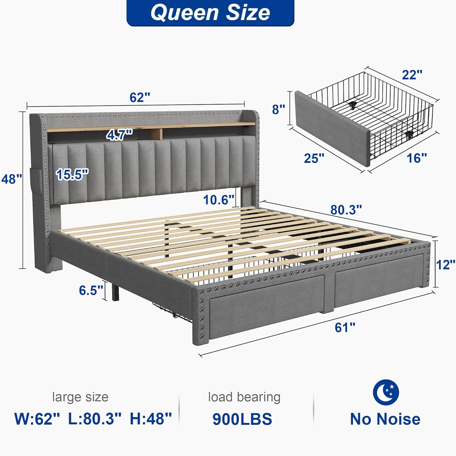 Metal Bed Frame with 2 Storage Drawers & Headboard - 900LBS Capacity, No Noise Design, Padded Platform, No Box Spring Needed, Back to School Beds On Sale