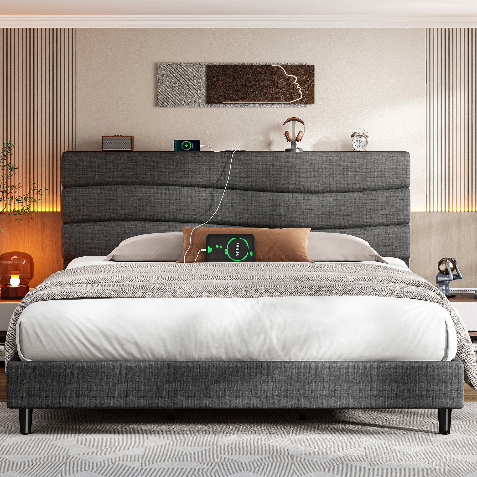 SnHomee Upholstered Bed Frame with Storage Headboard & Charging Station - USB Ports, Adjustable Fabric Headboard, Noise-Free Design, No Box Spring Needed, Back to School Beds On Sale