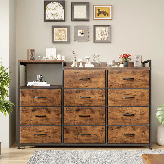 Snhomee 11-Drawer Dresser with Shelves – Wide Bedroom Storage Cabinet & TV Stand with Wood Top and Metal Frame