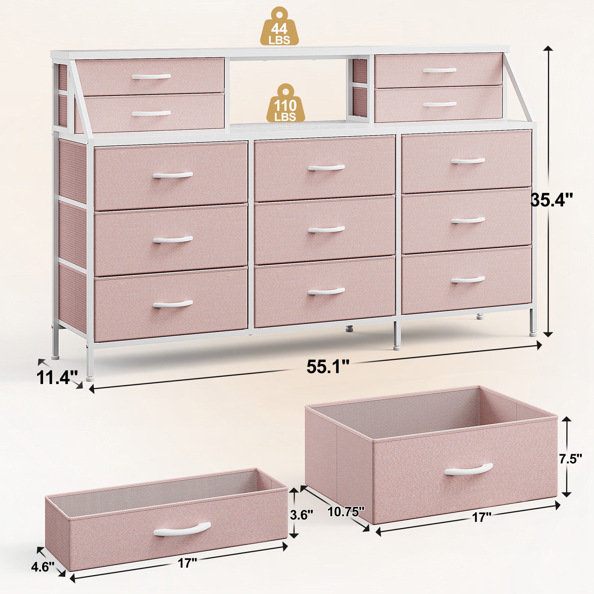 Girls Dresser Organizer: 55"W Dresser with 13 Fabric Drawers and 2 Open Shelves, Metal Frame & Wooden Top for Bedroom/Closet