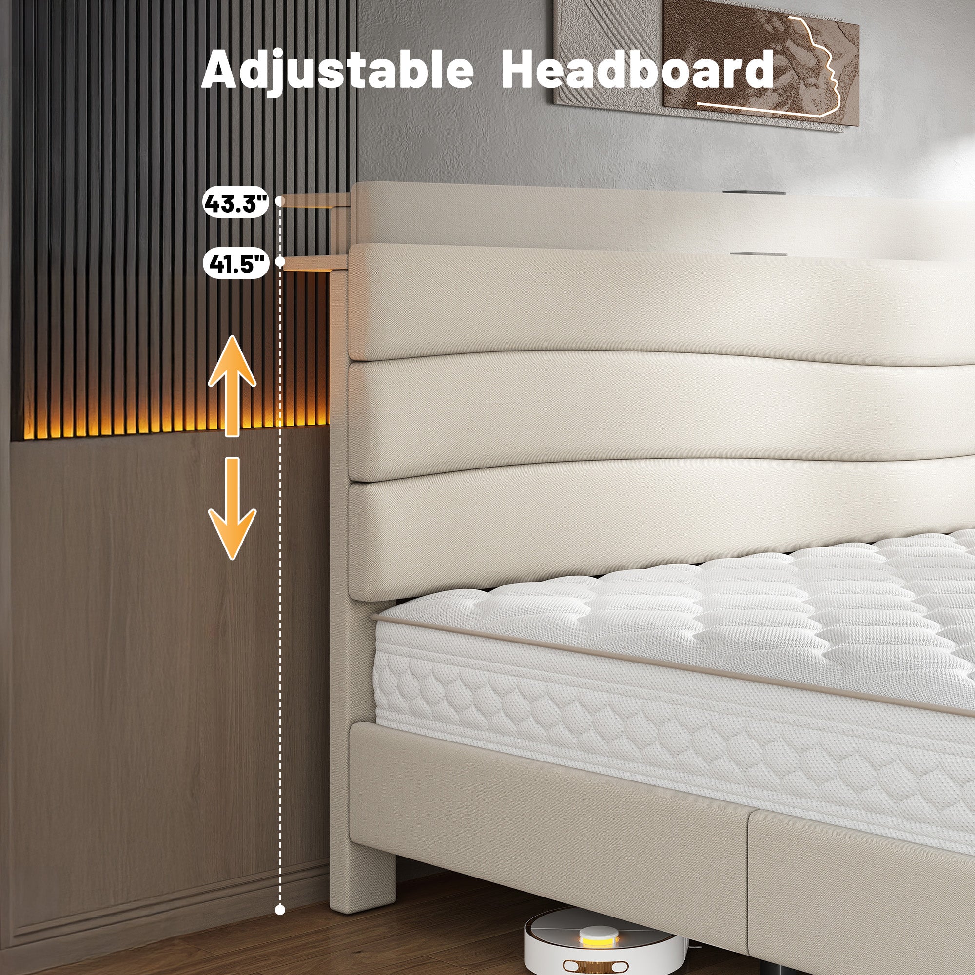SnHomee Upholstered Bed Frame with Storage Headboard & Charging Station - USB Ports, Adjustable Fabric Headboard, Noise-Free Design, No Box Spring Needed, Back to School Beds On Sale