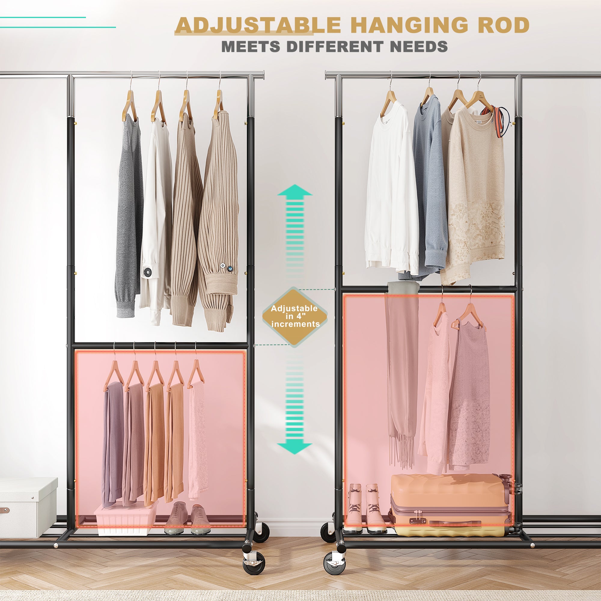 Snhomee 450 lbs Garment Rack with Wheels, Commercial Clothes Rack for Hanging-Home Storage > Clothes Rack-Gold-(45.3"-69.1")W x 17.8"D x 72"H-snhomee