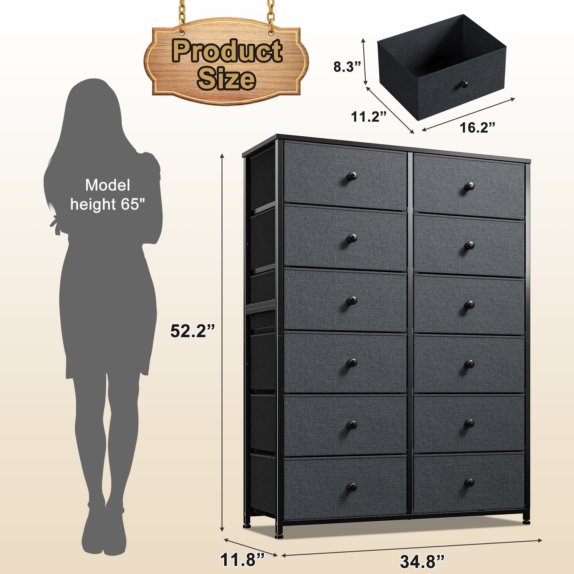 Snhomee Dresser for Bedroom with 12 Drawers, Large Storage Organizer Chest, Large Fabric Dressers & Chest of Drawers with Sturdy Metal Frame, Wood Top, Closet, Entryway, Hallway