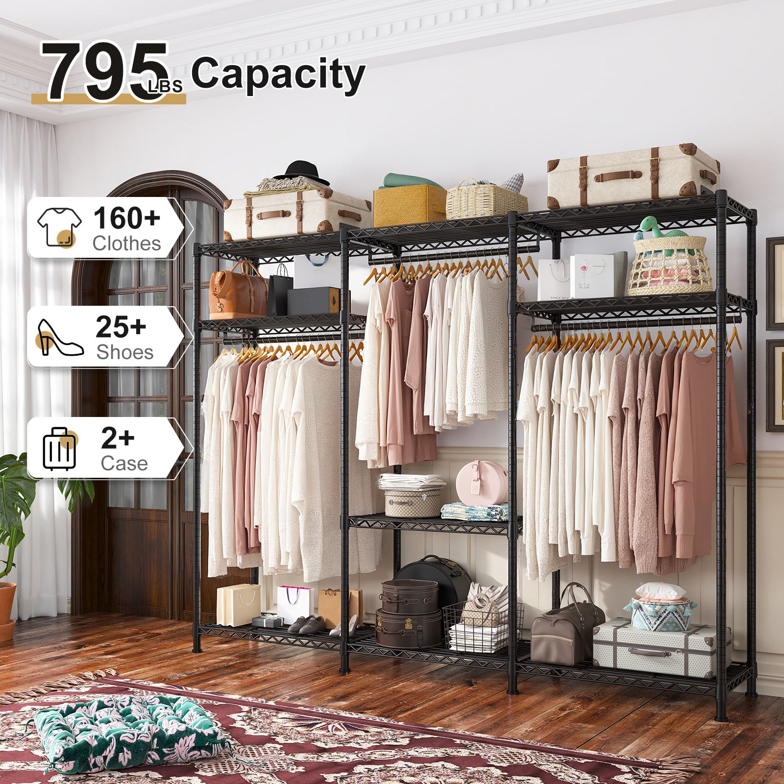 795 lb Heavy Duty Clothing Rack - Adjustable Steel Garment Rack with Shelves, Foldable Portable Storage for Retail/Home/Laundry-Home Storage > Clothes Rack-snhomee