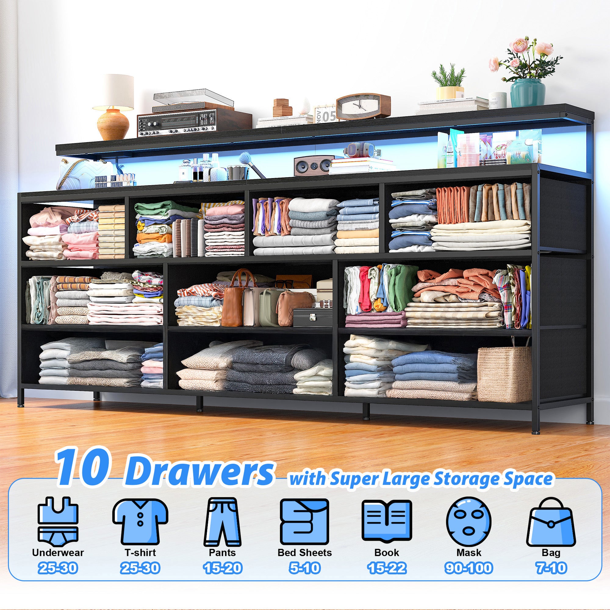 Snhomee 55" Wide LED Dresser with Power Outlets & 10 Drawers | Large Metal Frame & Wood Top Storage Organizer for Bedroom