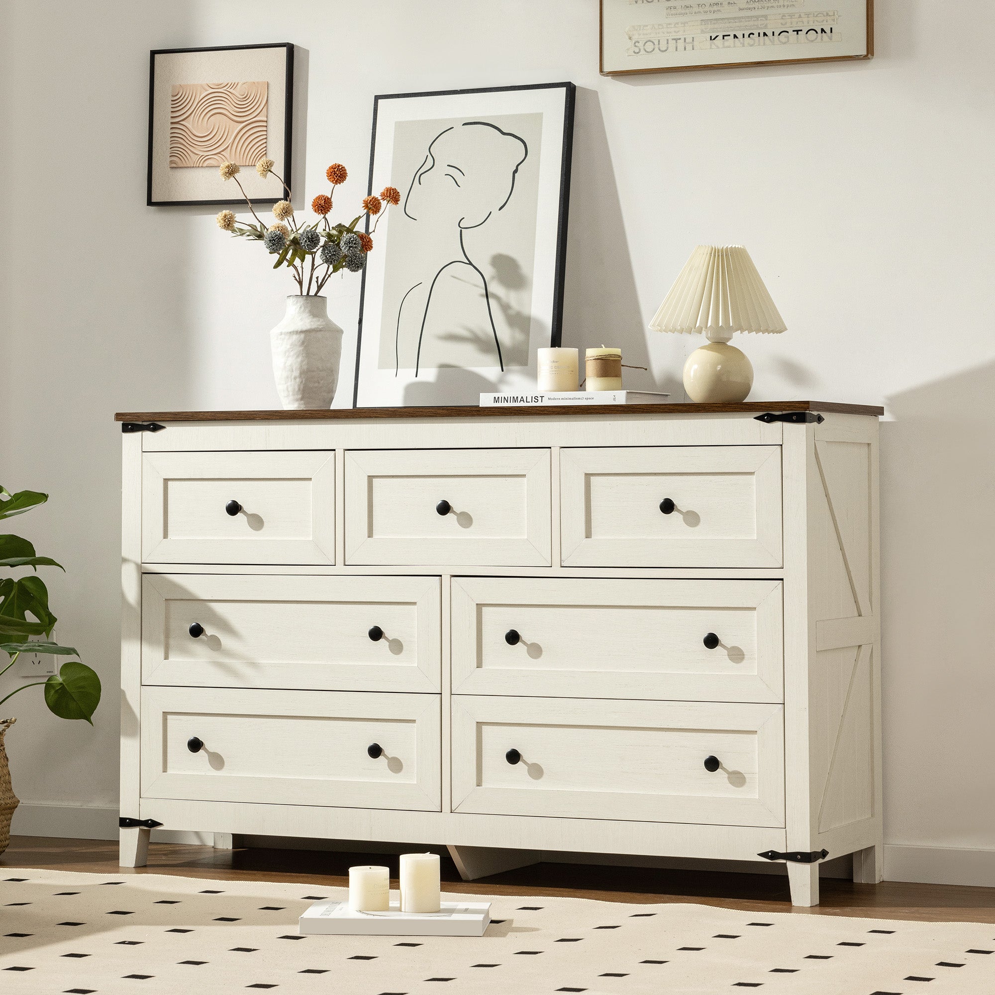 Antique White 7-Drawer Dresser & TV Stand with Metal Glide - 51" Wide Multi-Room Storage-Antique White-snhomee