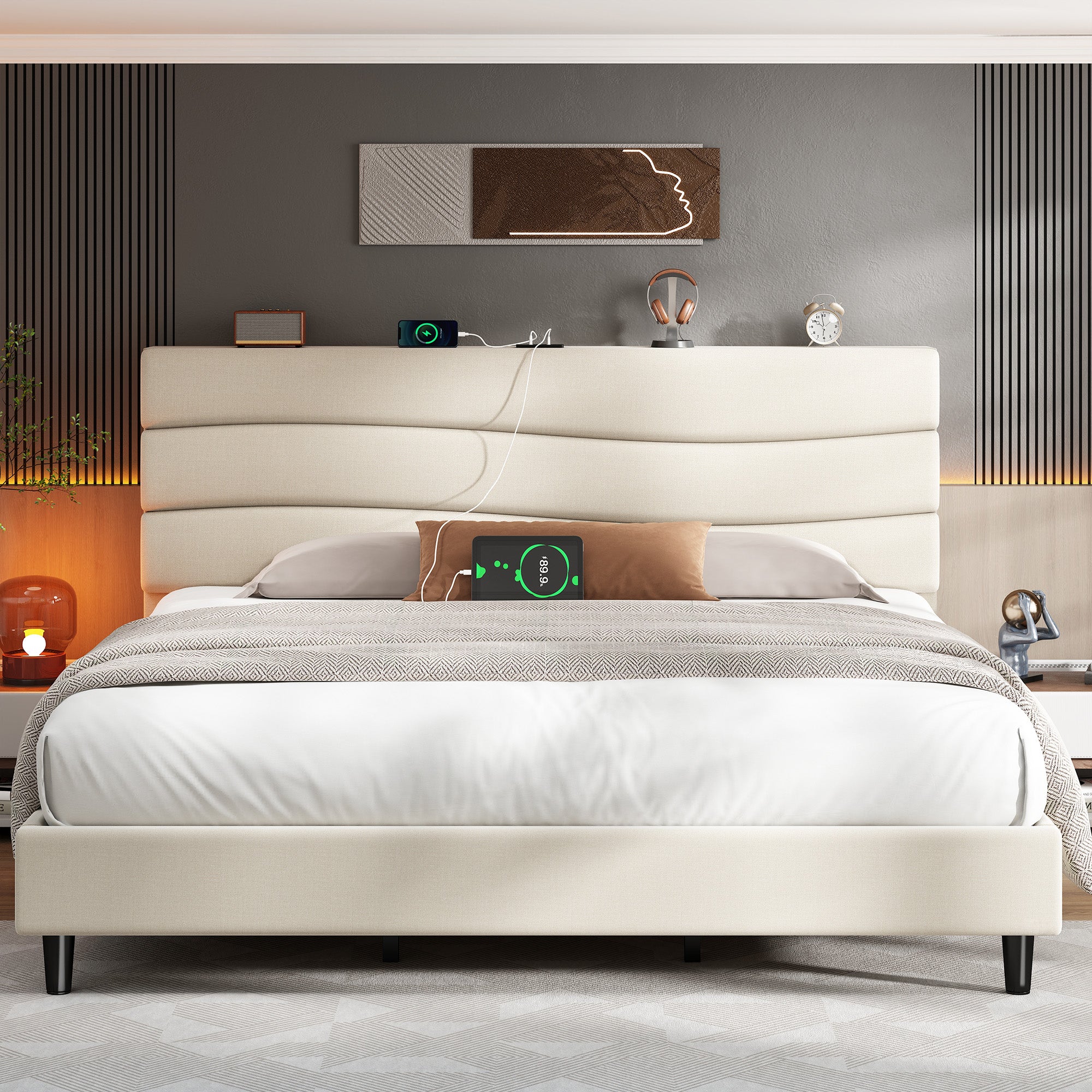 SnHomee Upholstered Bed Frame with Storage Headboard & Charging Station - USB Ports, Adjustable Fabric Headboard, Noise-Free Design, No Box Spring Needed, Back to School Beds On Sale