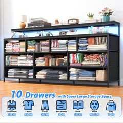 Snhomee 55" Wide LED Dresser with Power Outlets & 10 Drawers | Large Metal Frame & Wood Top Storage Organizer for Bedroom