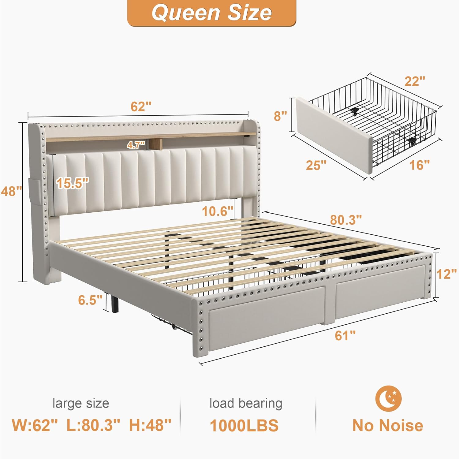 Metal Bed Frame with 2 Storage Drawers & Headboard - 900LBS Capacity, No Noise Design, Padded Platform, No Box Spring Needed, Back to School Beds On Sale