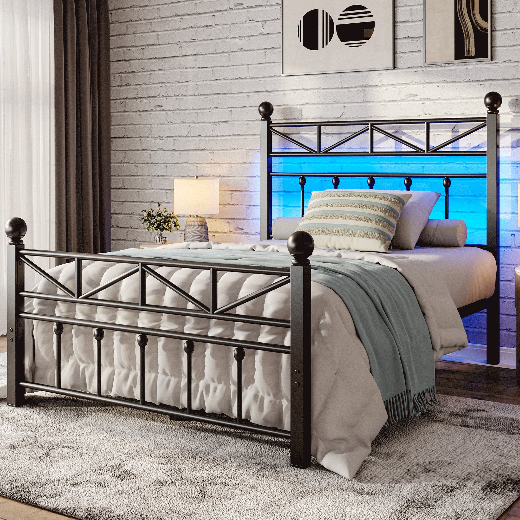 LED Metal Bed Frame with Tall Headboard & Footboard, Vintage Industrial Bed, Under Bed Storage & No Box Spring Needed, Noise-Free Design for Modern & Farmhouse Bedrooms