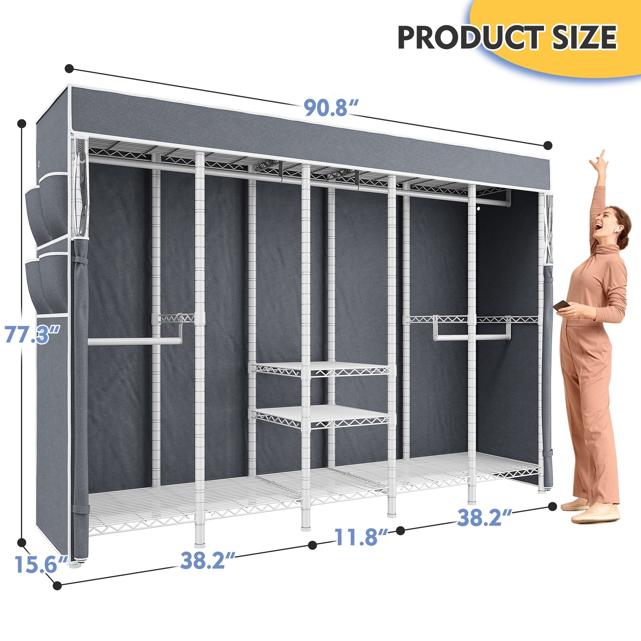 1200LBS Heavy Duty Clothing Rack with Cover,90.8"W x 77.3"H Freestanding Garment Rack,Wardrobe Closet for Bedroom, Commercial & Home Use