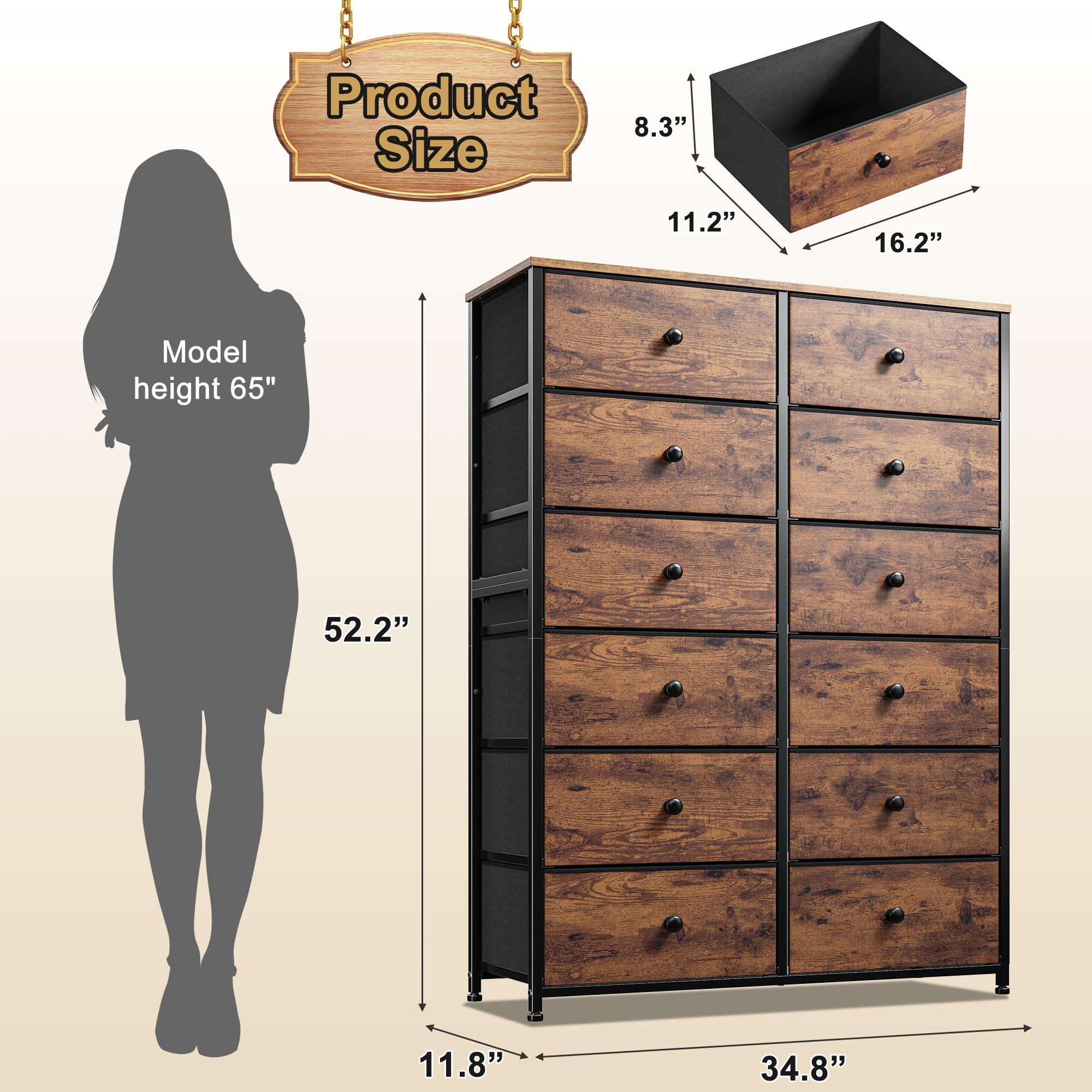 Snhomee Dresser for Bedroom with 12 Drawers, Large Storage Organizer Chest, Large Fabric Dressers & Chest of Drawers with Sturdy Metal Frame, Wood Top, Closet, Entryway, Hallway