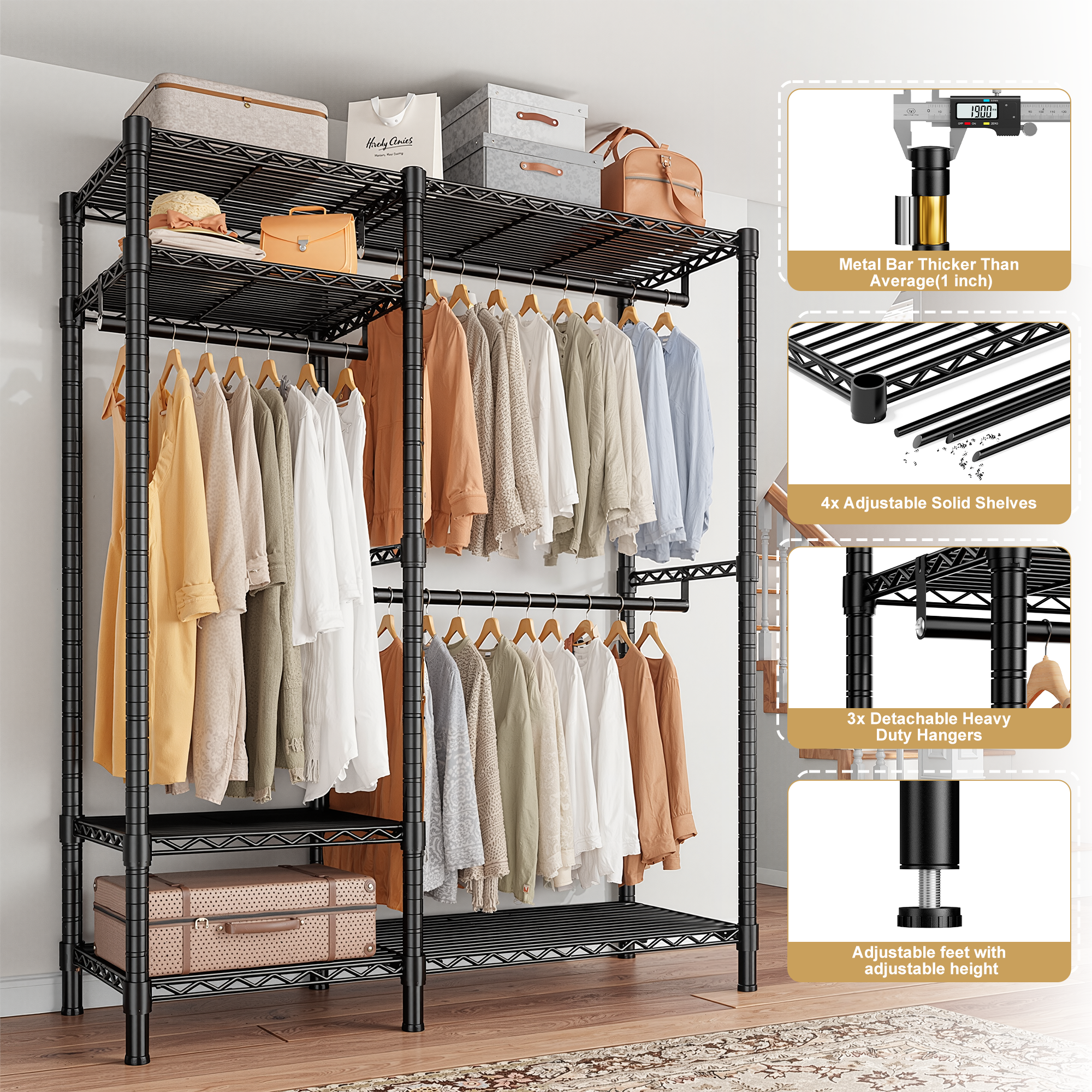 Snhomee 780lbs Heavy Duty Clothes Rack with Wheels, Freestanding Portable Closet, Rolling Garment Rack For Hanging-Home Storage > Clothes Rack-wheels-Black-snhomee