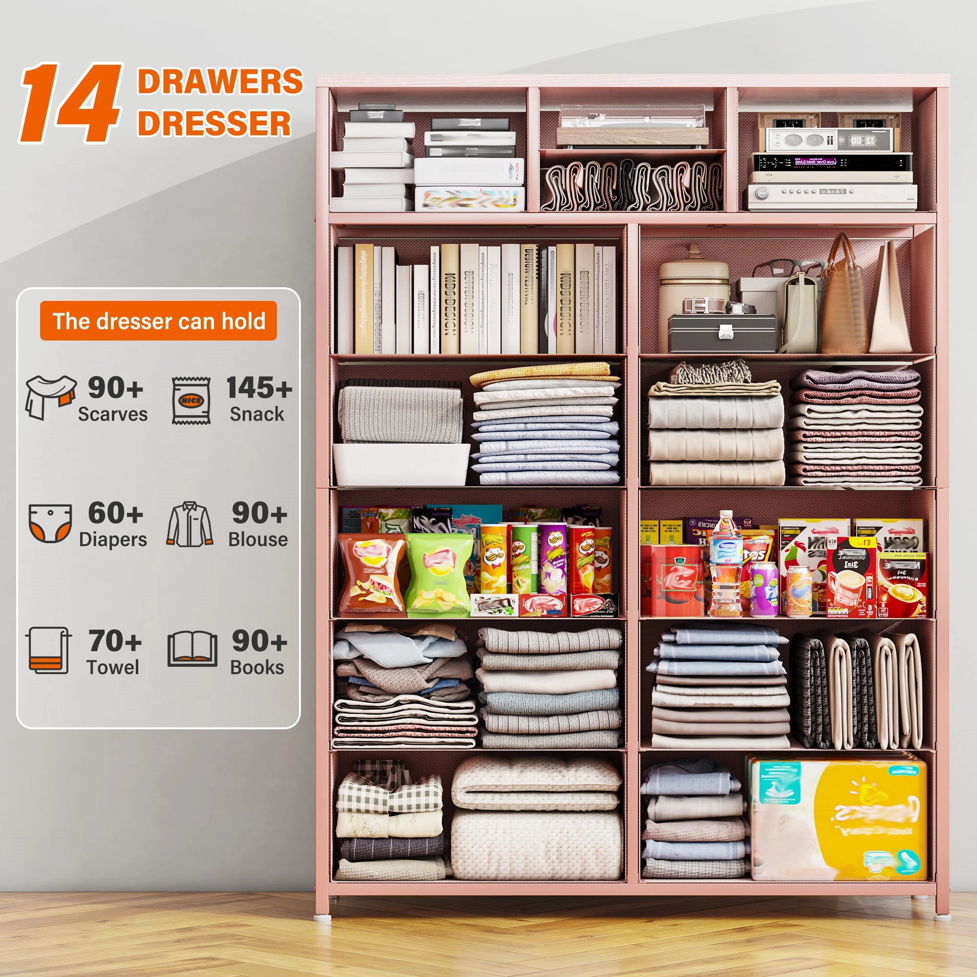 Snhomee Dresser for Bedroom with 14 Drawers, Tall Dressers for Bedroom,  Sturdy Metal Frame & Wood, Top Large Fabric Chest of Drawers, Closet, Livingroom