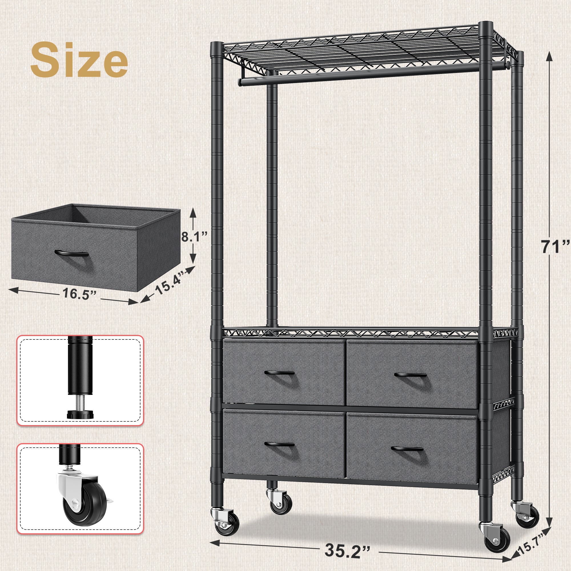 Snhomee Portable Clothes Rack with 4 Drawers Metal Clothing Garment Rack, Freestanding/Rolling-Home Storage > Clothes Rack-Black Rolling Rack-snhomee