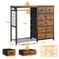49.2" W Dresser with Hanging Rack & LED Lights - 6-Drawer Storage + Charging Station for Bedroom/Closet, Rustic Brown-Rustic Brown-snhomee