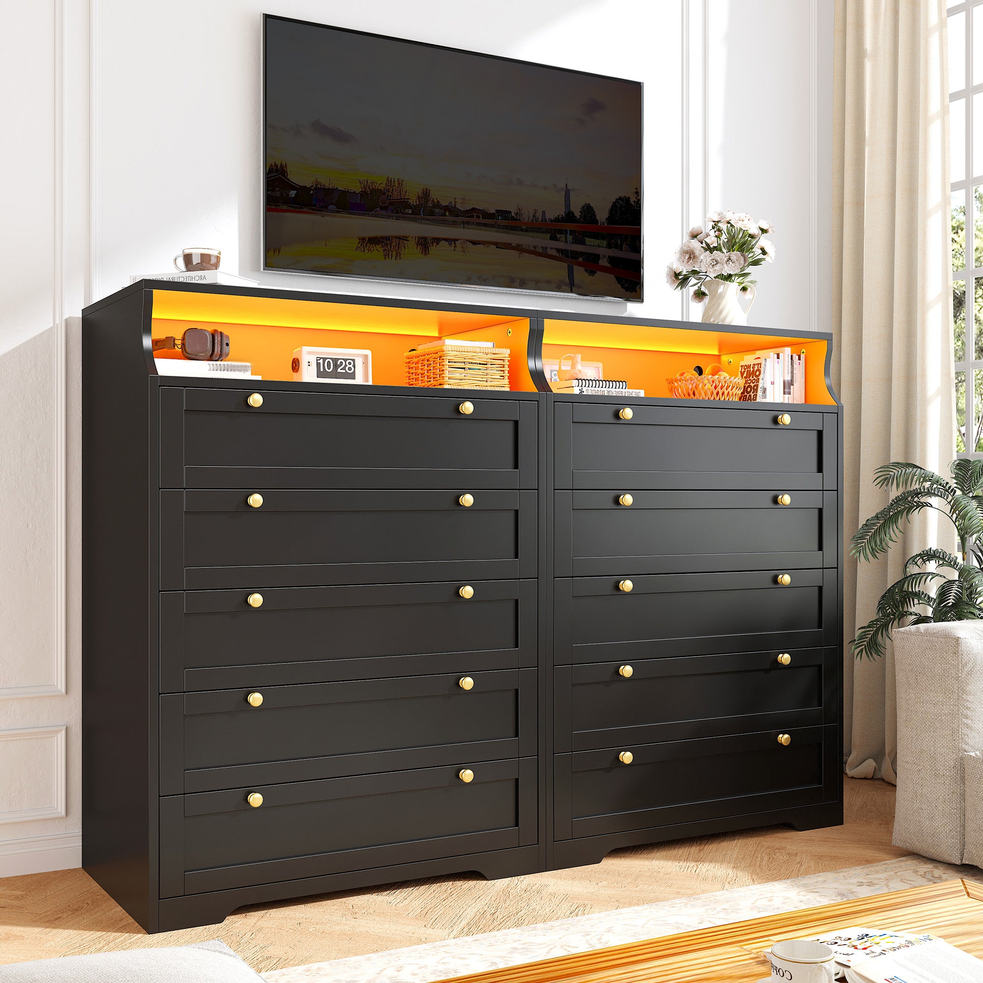 Snhomee 5-Drawer Tall Dresser with LED Lights & Shelves – Modern Storage Cabinet for Bedroom, Living Room & Entryway