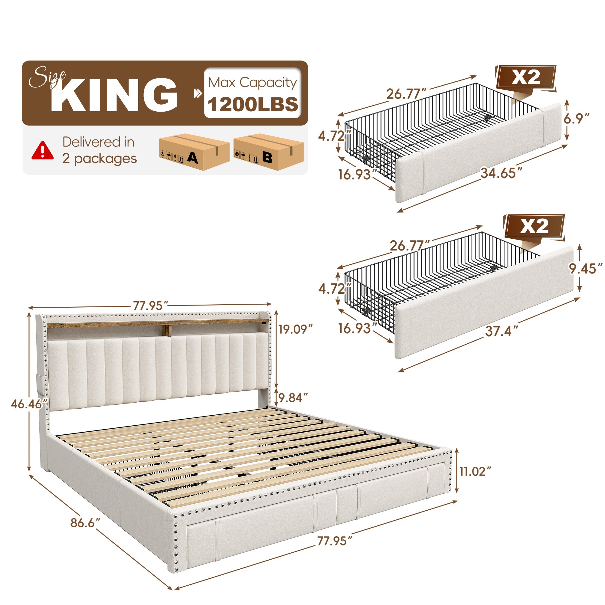 Snhomee Heavy Duty Platform Bed Frame with Storage Drawers - Silent 1200LB Capacity, No Box Spring Needed, Upholstered Headboard
