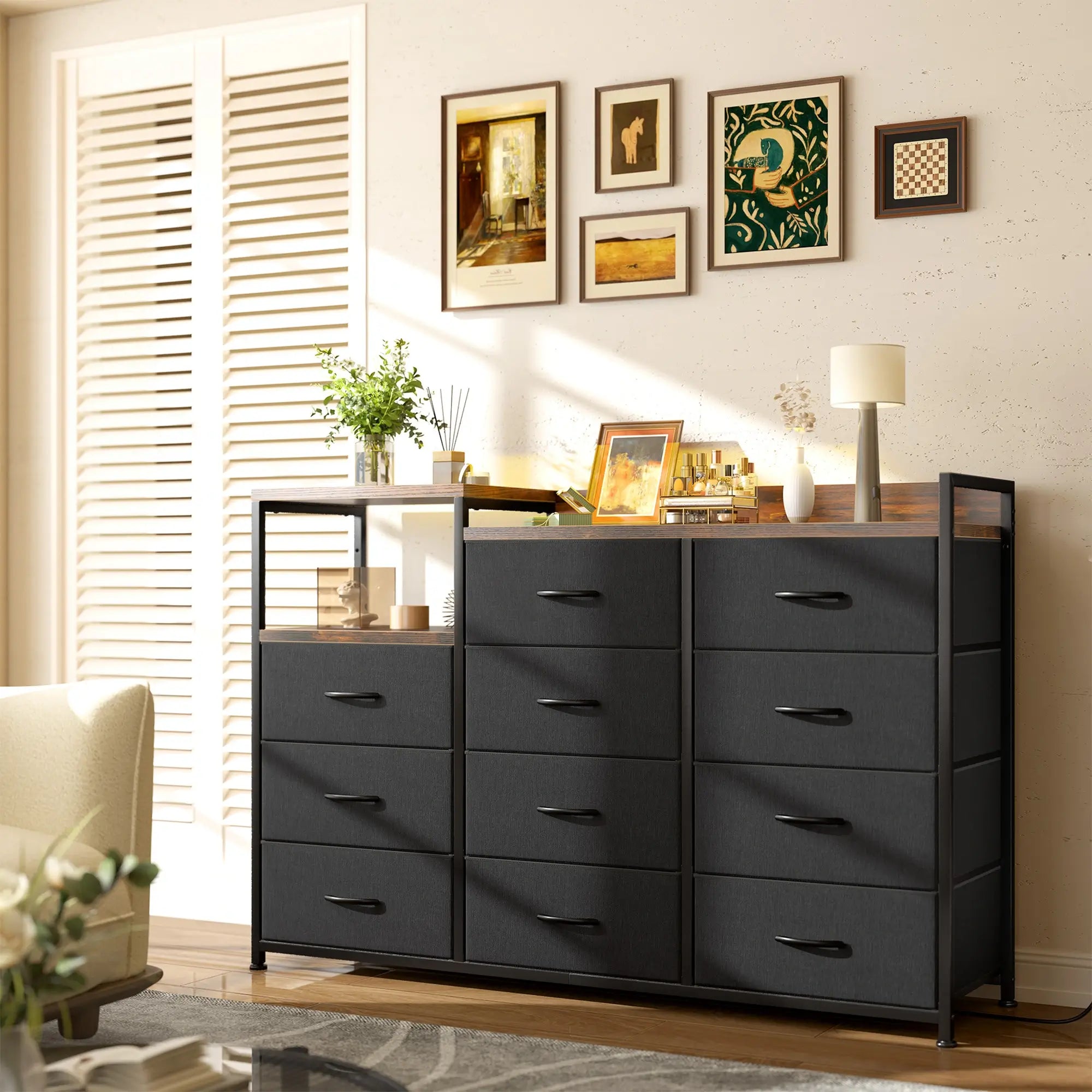Snhomee 11-Drawer Dresser with Shelves Wide Bedroom Storage Cabinet & TV Stand with Wood Top and Metal Frame Grey Snhomee 11-Drawer Dresser with Shelves Wide Bedroom Storage Cabinet & TV Stand with Wood Top and Metal Frame Grey