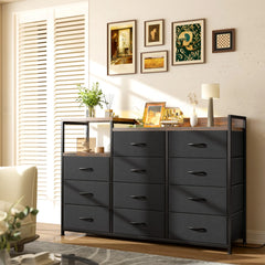 Dresser with Shelves – Wide Bedroom Storage Cabinet & TV Stand with Wood Top and Metal Frame